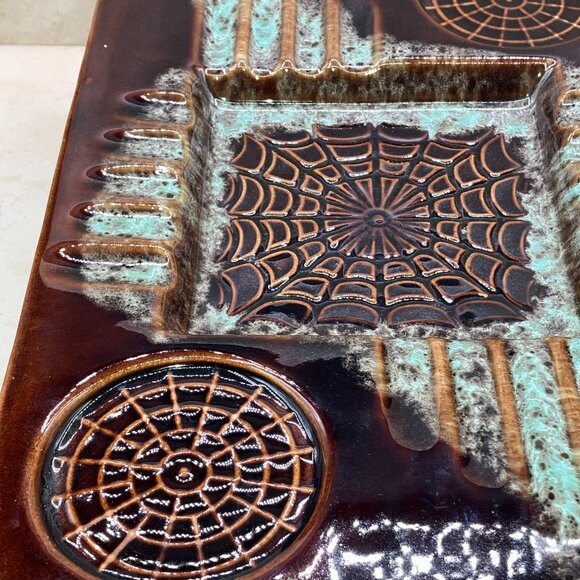 1970s California Pottery #3763 Spiderwed Glazed Ashtray 12”x8” Brown And Seafoam - Picture 3 of 11